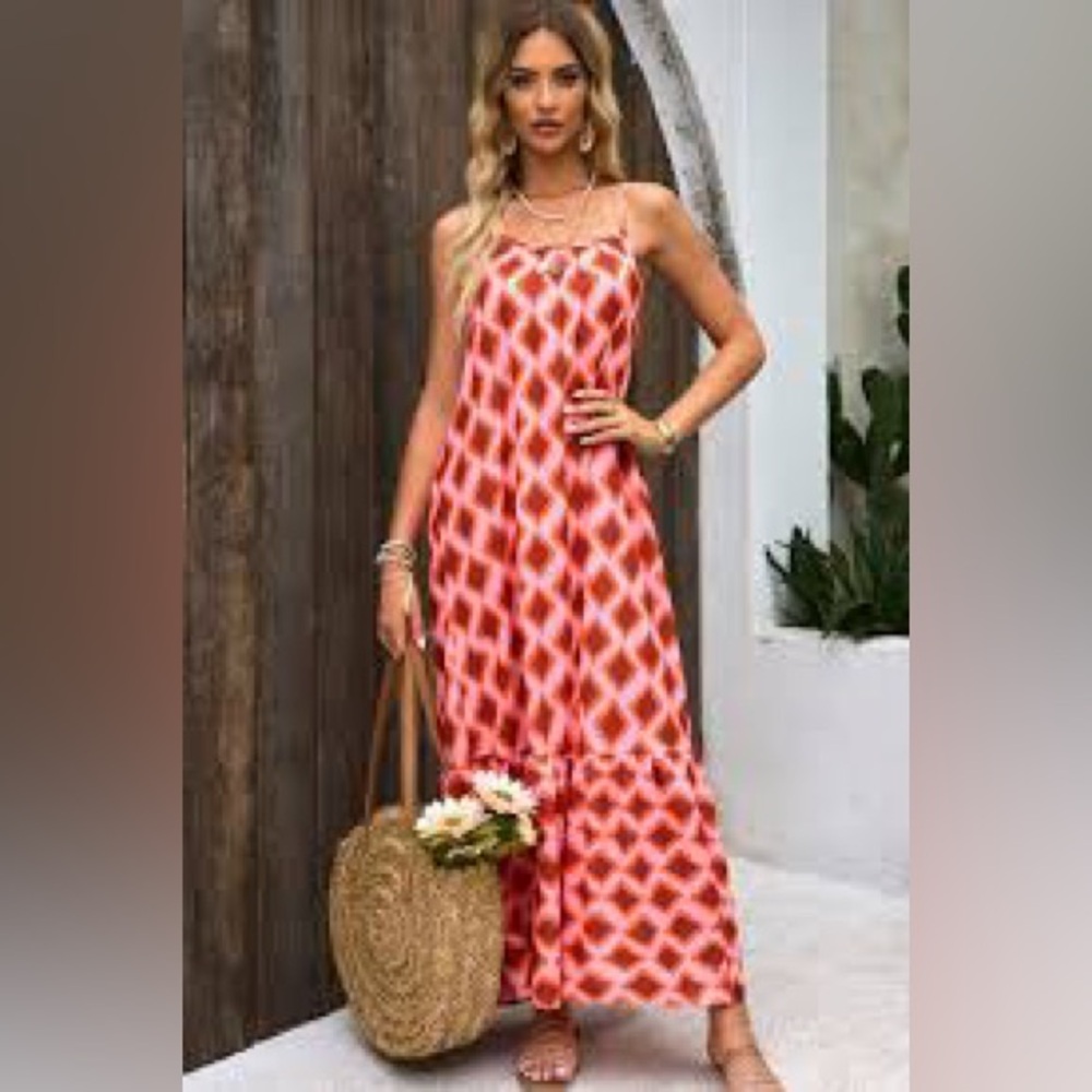 SHEIN Geometric Print Spaghetti Strap Maxi Dress Pink Red Size Small